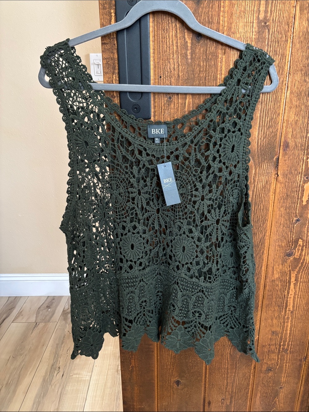 BKE Olive Green Crochet Tank Top with Floral Motif